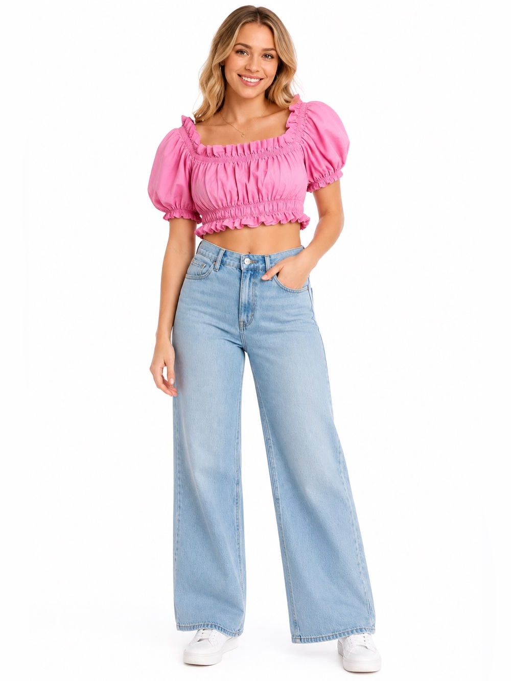 Zara Pink Puff Sleeve Smocked Crop‎ Top Sz S Cottagecore Off Shoulder Boho